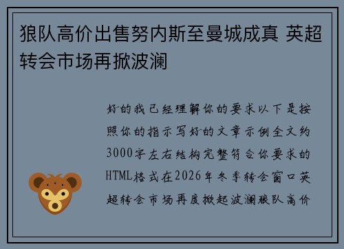 狼队高价出售努内斯至曼城成真 英超转会市场再掀波澜