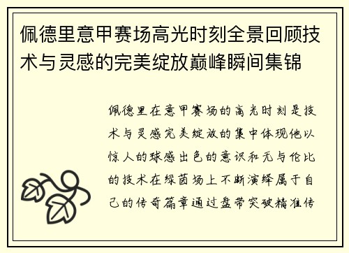 佩德里意甲赛场高光时刻全景回顾技术与灵感的完美绽放巅峰瞬间集锦